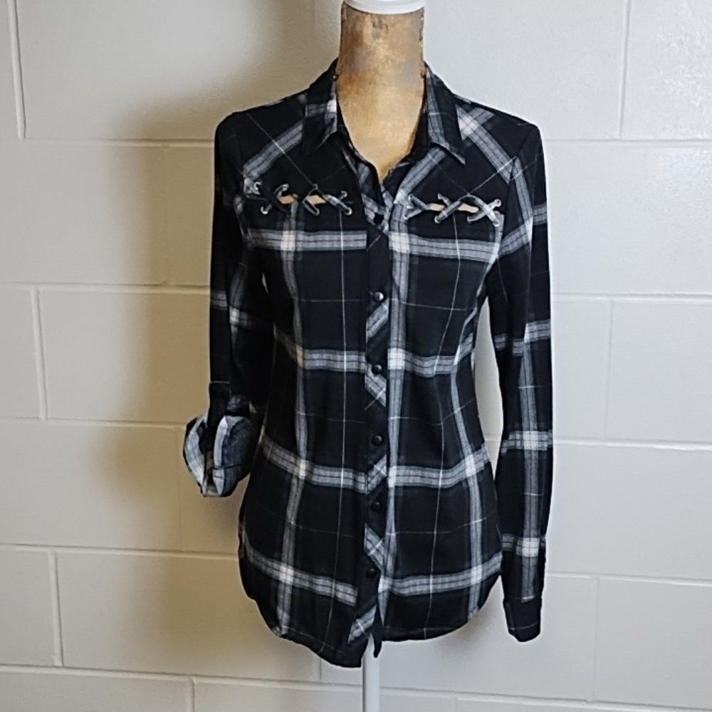 Plaid Soft Flannel Button-up Shirt Roll Tab Sleeves Black, Burgundy Red Day Trip
